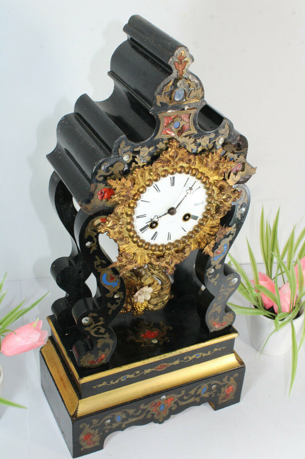 Antique french napoleon III Black lacquered inlaid clock 19thc rare