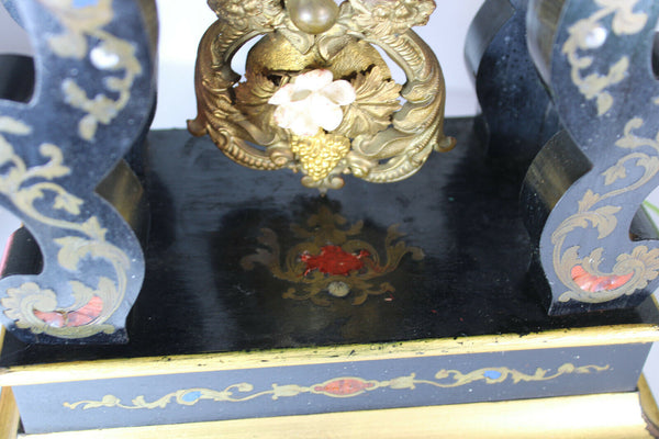 Antique french napoleon III Black lacquered inlaid clock 19thc rare