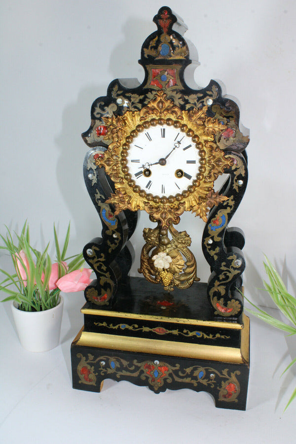 Antique french napoleon III Black lacquered inlaid clock 19thc rare