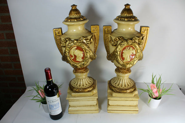 PAIR XL chalkware portrait Vases on wood pedestal