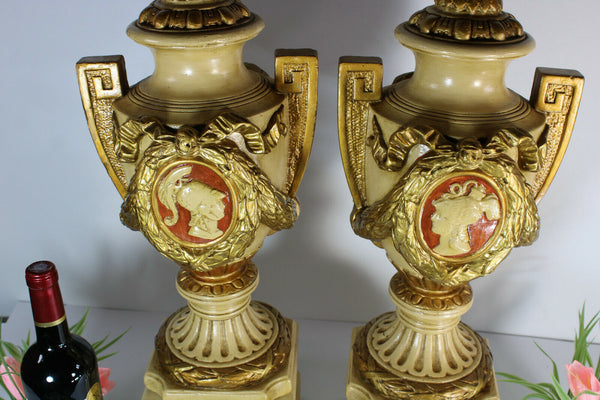 PAIR XL chalkware portrait Vases on wood pedestal