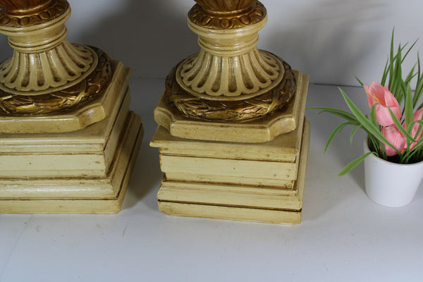 PAIR XL chalkware portrait Vases on wood pedestal