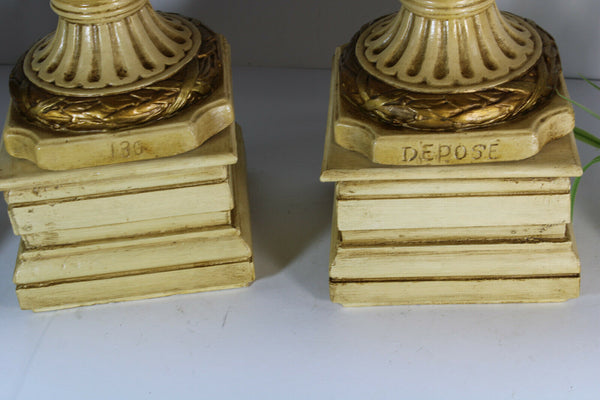 PAIR XL chalkware portrait Vases on wood pedestal