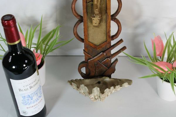 Antique XL rare wood carved crucifix holy water font religious church