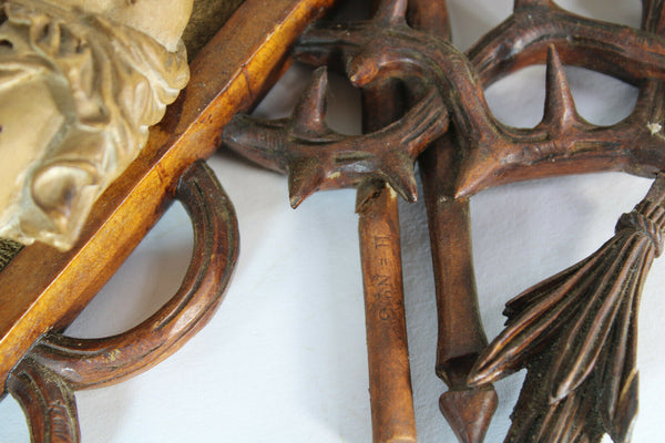 Antique XL rare wood carved crucifix holy water font religious church