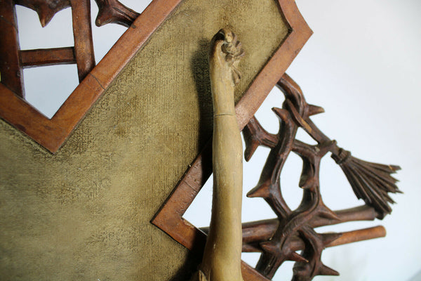 Antique XL rare wood carved crucifix holy water font religious church