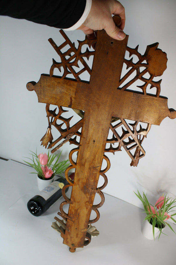 Antique XL rare wood carved crucifix holy water font religious church