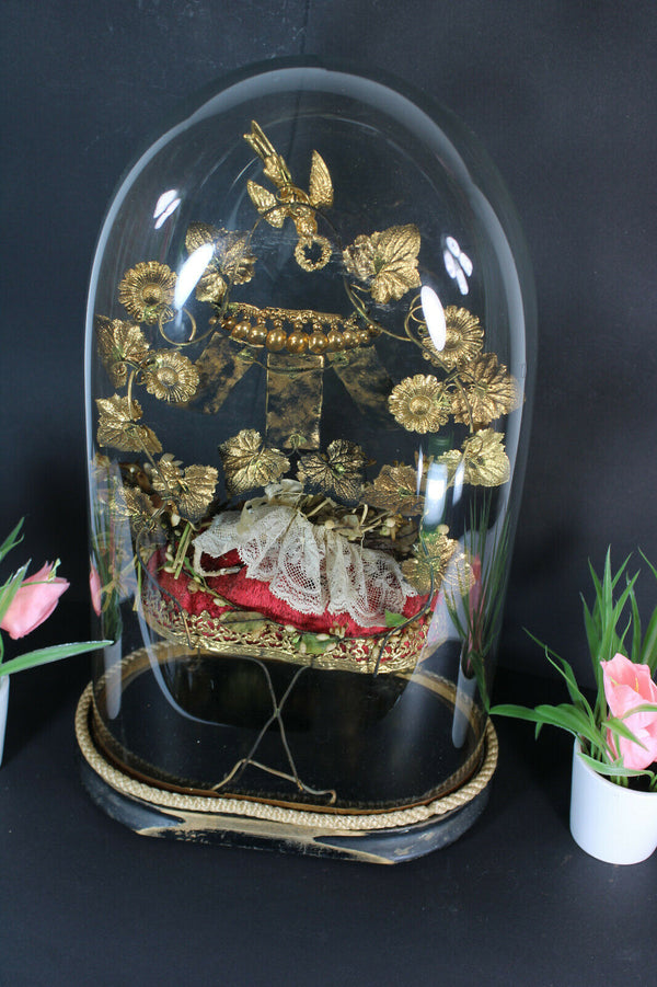 antique 1880s bridal wedding glass globe dome birds mirrors tiara wax