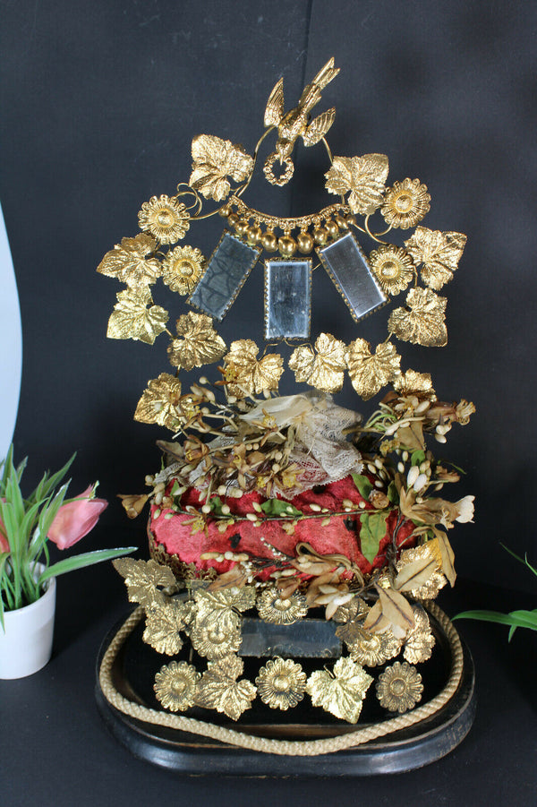 antique 1880s bridal wedding glass globe dome birds mirrors tiara wax