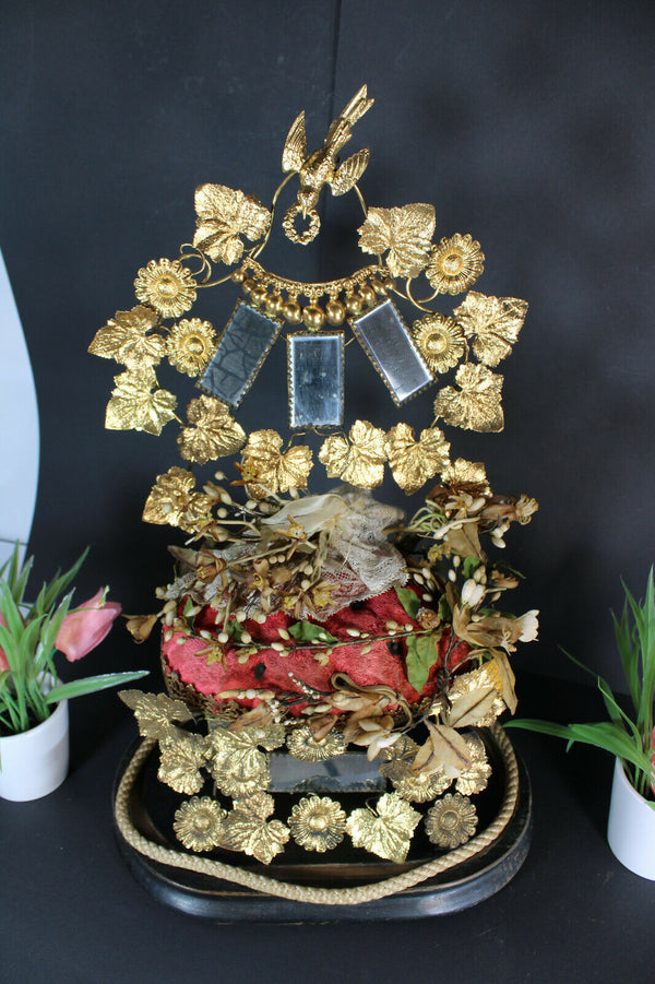 antique 1880s bridal wedding glass globe dome birds mirrors tiara wax