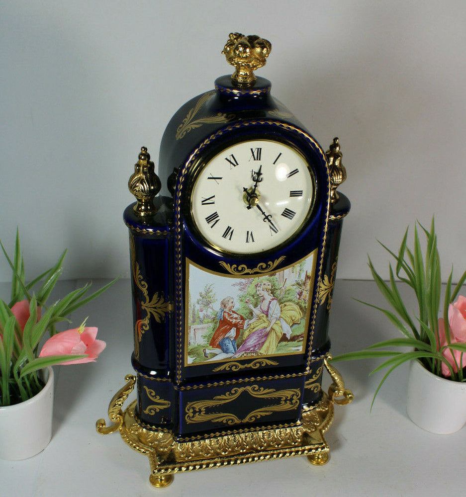 Vintage limoges cobalt porcelain victorian scene mantel table clock