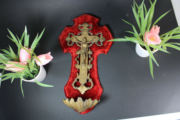 Antique french brass red velvet crucifix holy water font 1893 dated relgiious