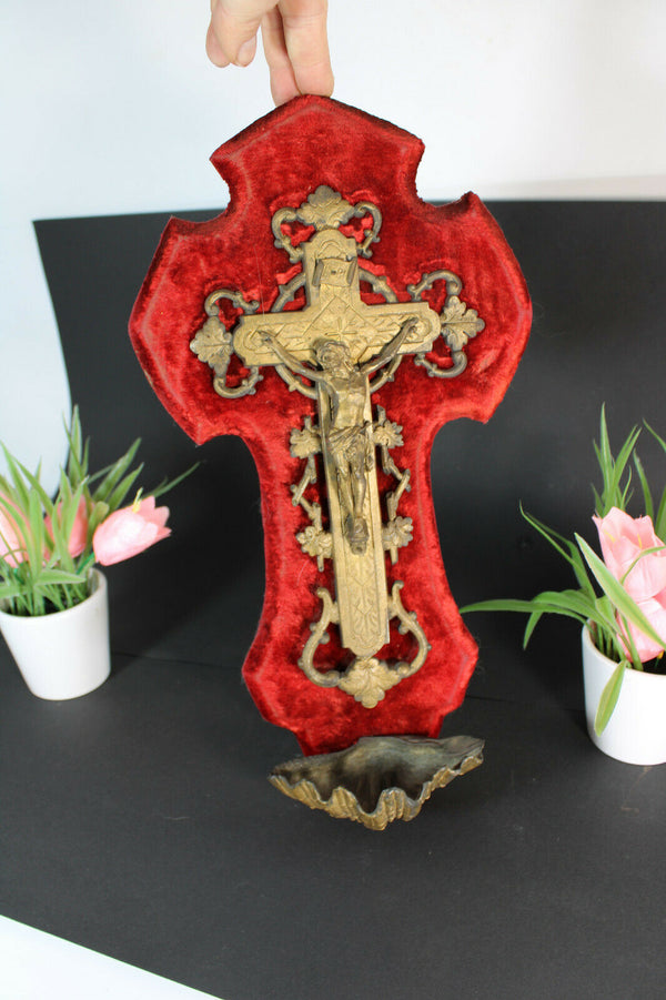 Antique french brass red velvet crucifix holy water font 1893 dated relgiious