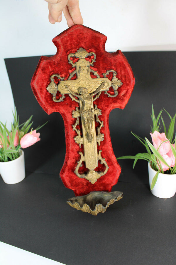 Antique french brass red velvet crucifix holy water font 1893 dated relgiious