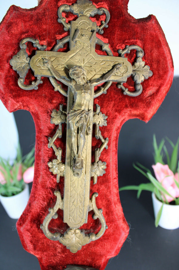 Antique french brass red velvet crucifix holy water font 1893 dated relgiious