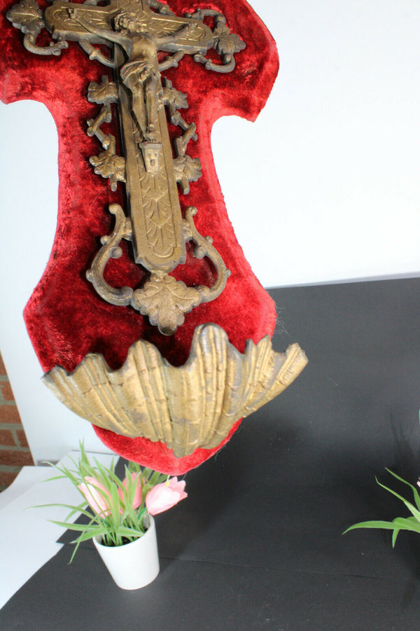 Antique french brass red velvet crucifix holy water font 1893 dated relgiious