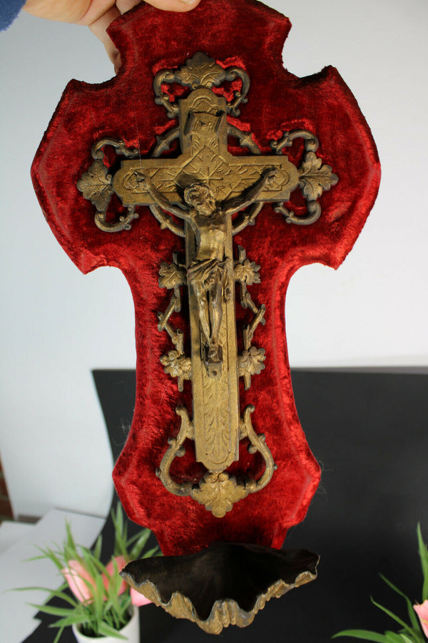 Antique french brass red velvet crucifix holy water font 1893 dated relgiious