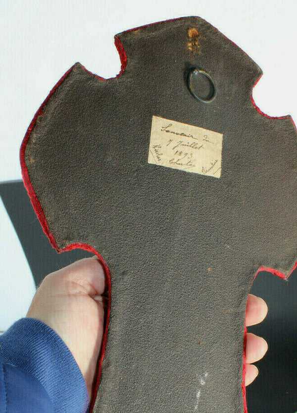 Antique french brass red velvet crucifix holy water font 1893 dated relgiious