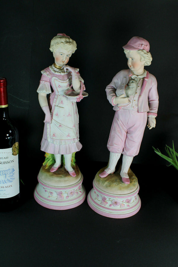 pair large antique french 19thc bisque porcelain boy girl statue
