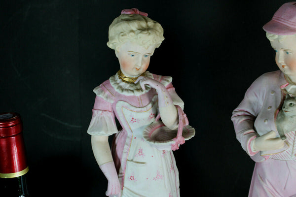 pair large antique french 19thc bisque porcelain boy girl statue