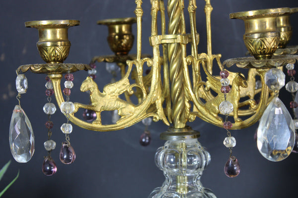 pair antique metal glass dragon griffin candelabras candle holders rare