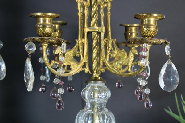 pair antique metal glass dragon griffin candelabras candle holders rare