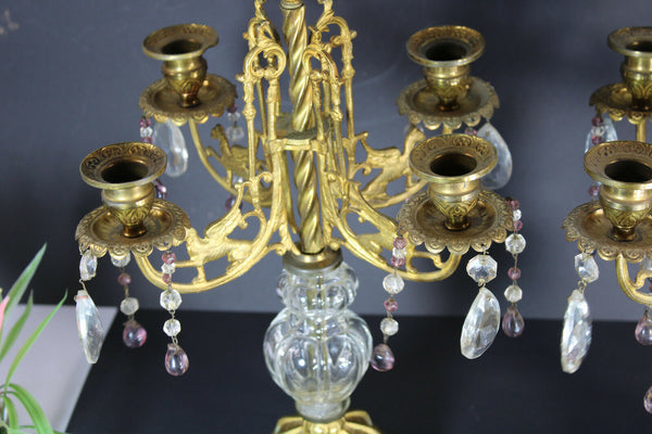 pair antique metal glass dragon griffin candelabras candle holders rare