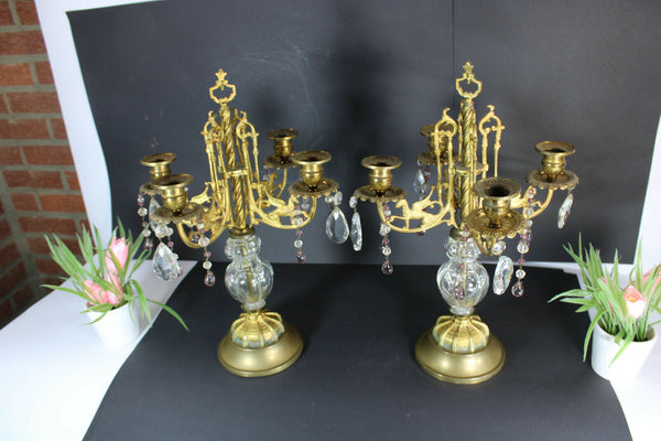 pair antique metal glass dragon griffin candelabras candle holders rare