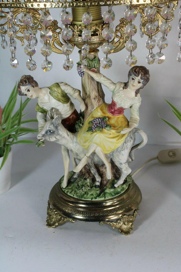 Large Belgian porcelain Faience romantic figurine statue table lamp pink glass