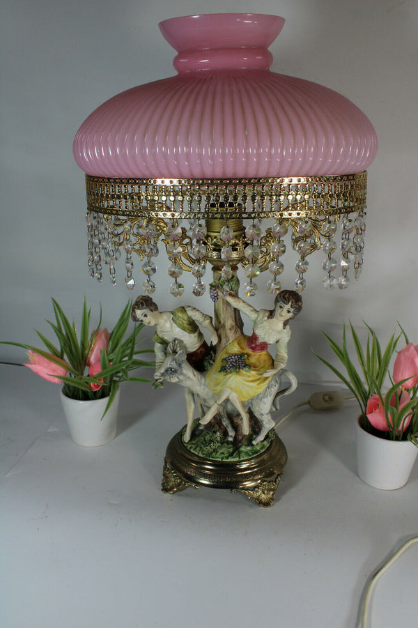 Large Belgian porcelain Faience romantic figurine statue table lamp pink glass