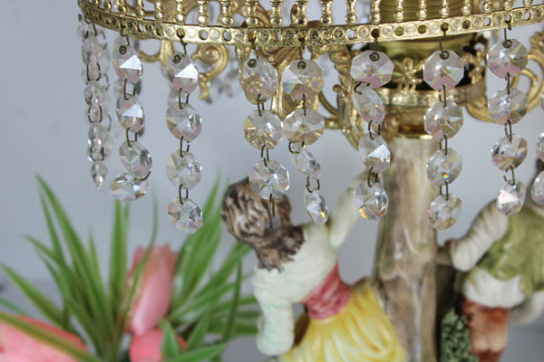 Large Belgian porcelain Faience romantic figurine statue table lamp pink glass