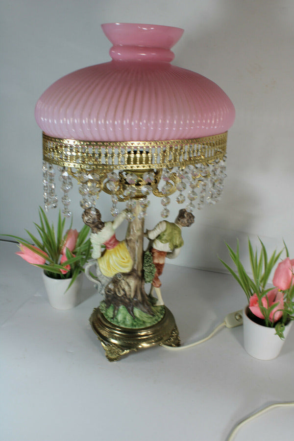 Large Belgian porcelain Faience romantic figurine statue table lamp pink glass