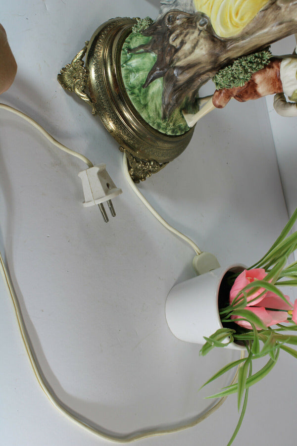 Large Belgian porcelain Faience romantic figurine statue table lamp pink glass