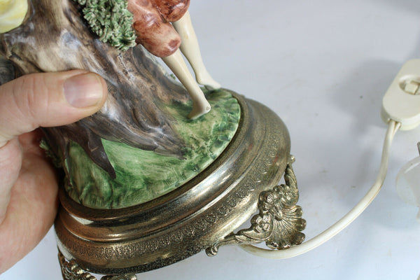 Large Belgian porcelain Faience romantic figurine statue table lamp pink glass