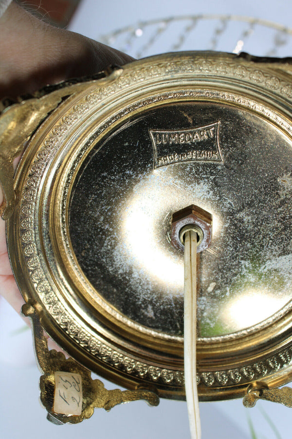 Large Belgian porcelain Faience romantic figurine statue table lamp pink glass