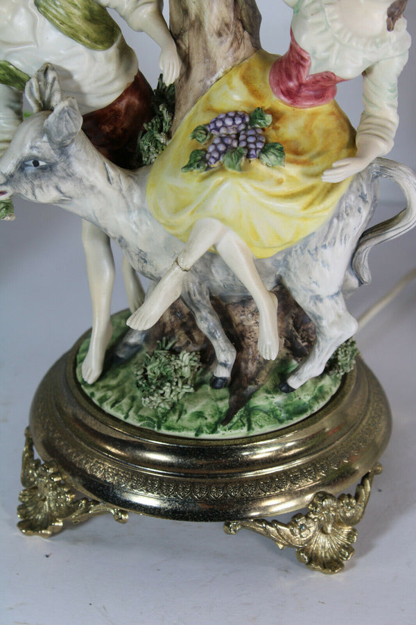 Large Belgian porcelain Faience romantic figurine statue table lamp pink glass