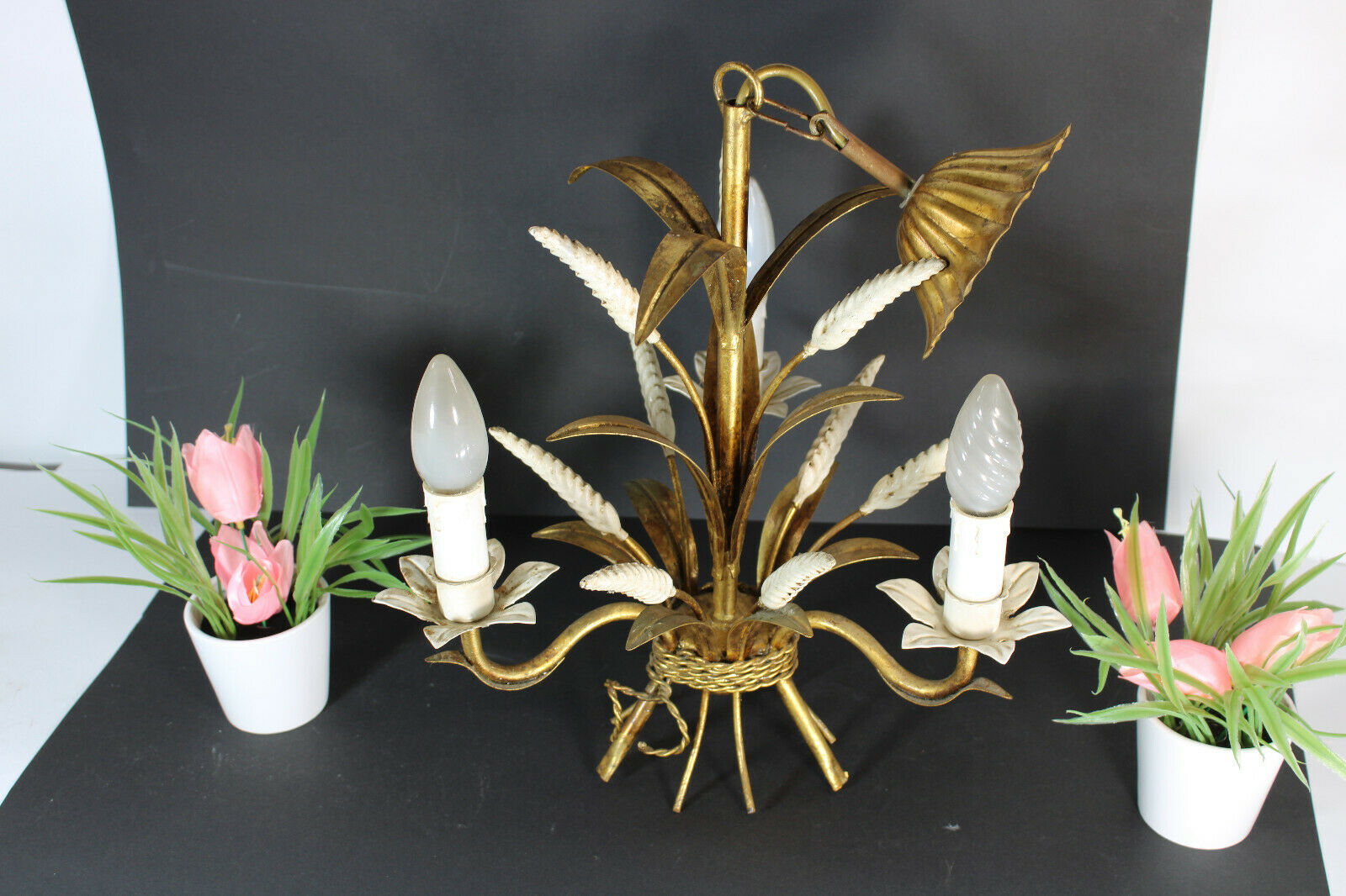 Vintge mid century 1970 MEtal gold gilt wheat corn chandelier attr hans kogl