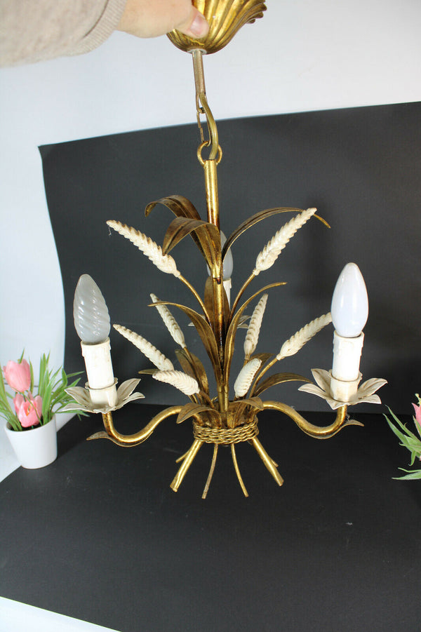 Vintge mid century 1970 MEtal gold gilt wheat corn chandelier attr hans kogl