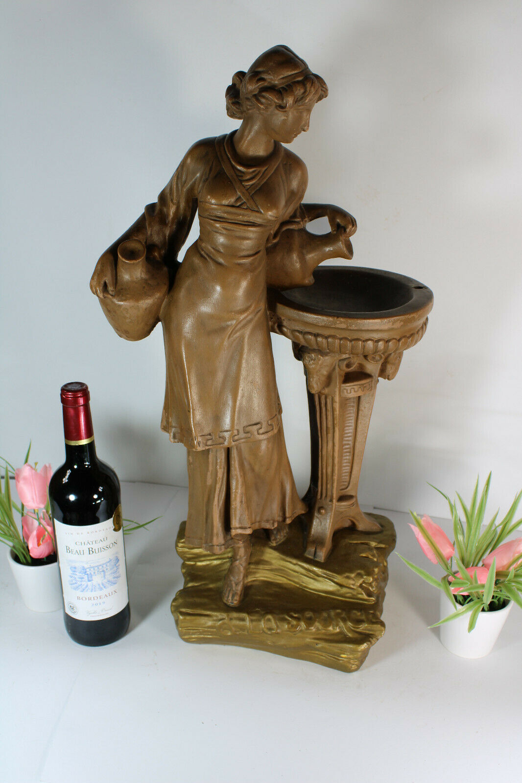 XL antique  art deco statue sculpture lady water source ram heads 1930s