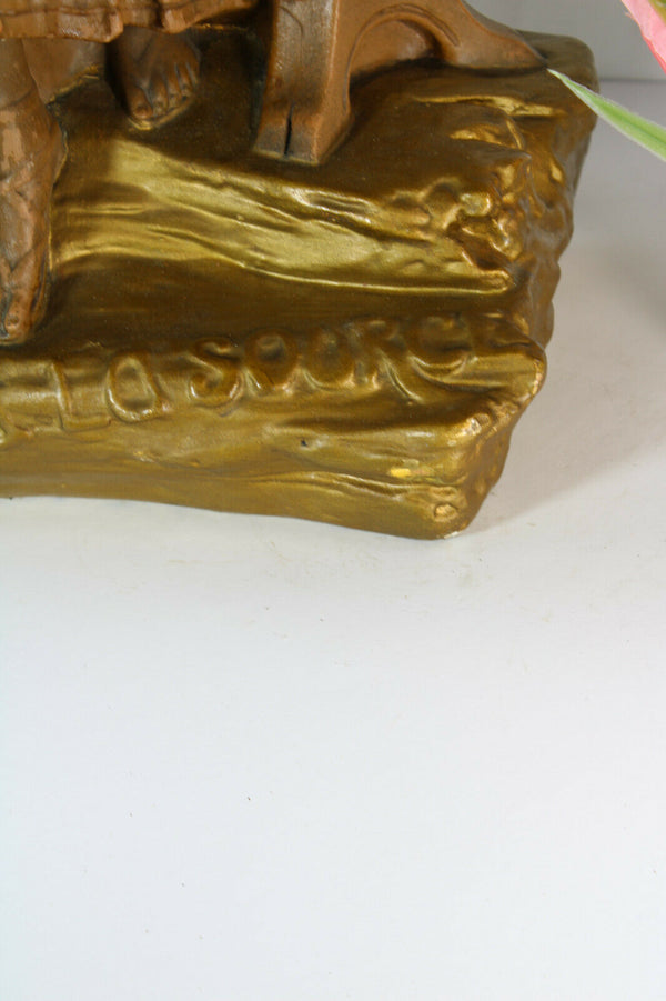 XL antique  art deco statue sculpture lady water source ram heads 1930s