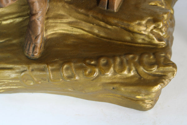 XL antique  art deco statue sculpture lady water source ram heads 1930s