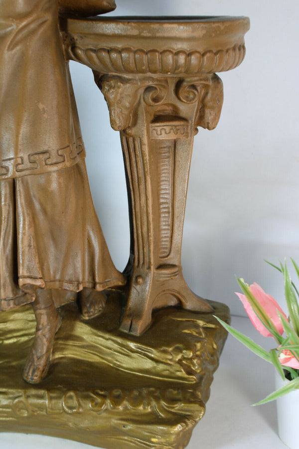 XL antique  art deco statue sculpture lady water source ram heads 1930s