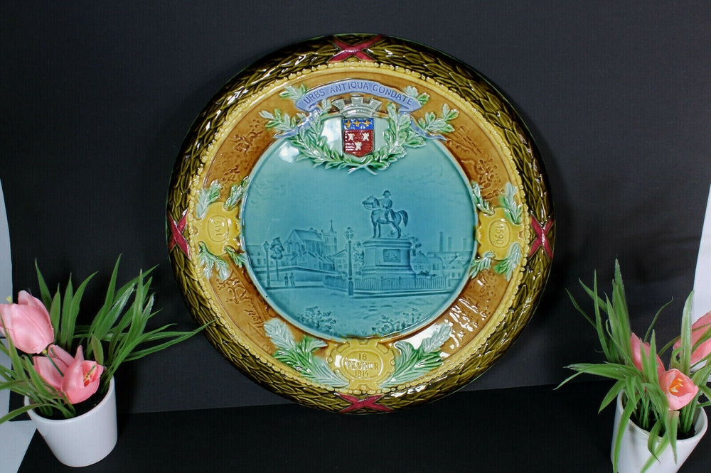 XL antique barbotine majolica plate napoleon esctucheon