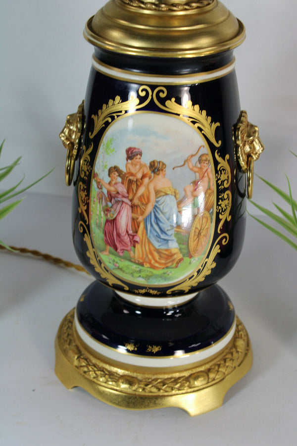 Limoges Table lamp lion head vintage victorian scene glass globe shade