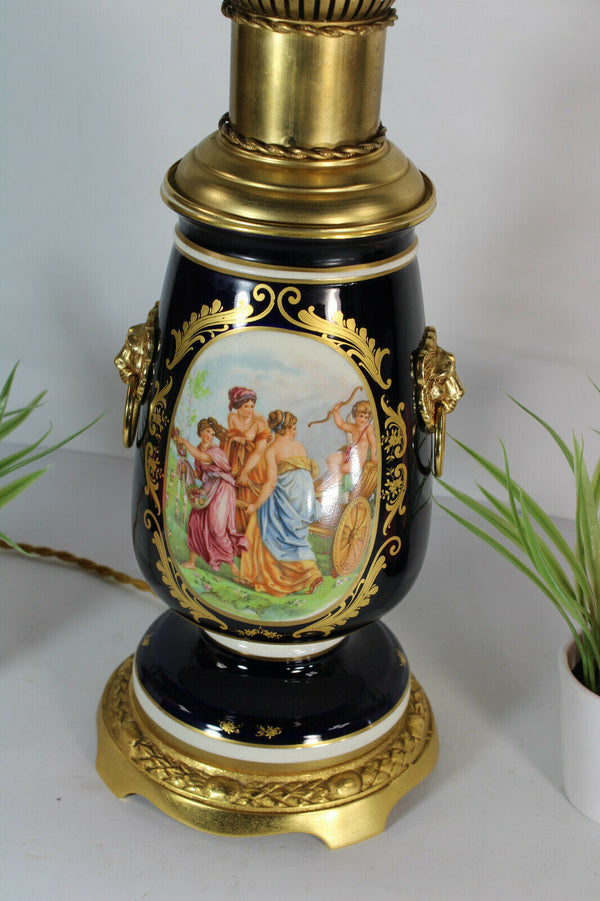 Limoges Table lamp lion head vintage victorian scene glass globe shade