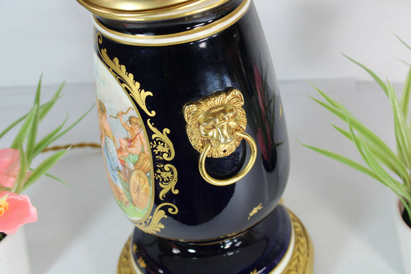 Limoges Table lamp lion head vintage victorian scene glass globe shade