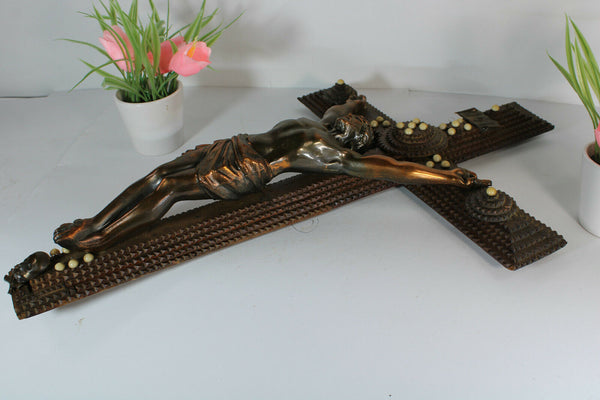 Tramp Art crucifix antique large religious