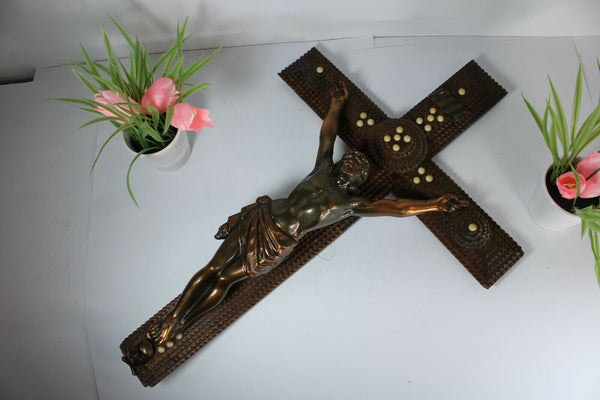 Tramp Art crucifix antique large religious