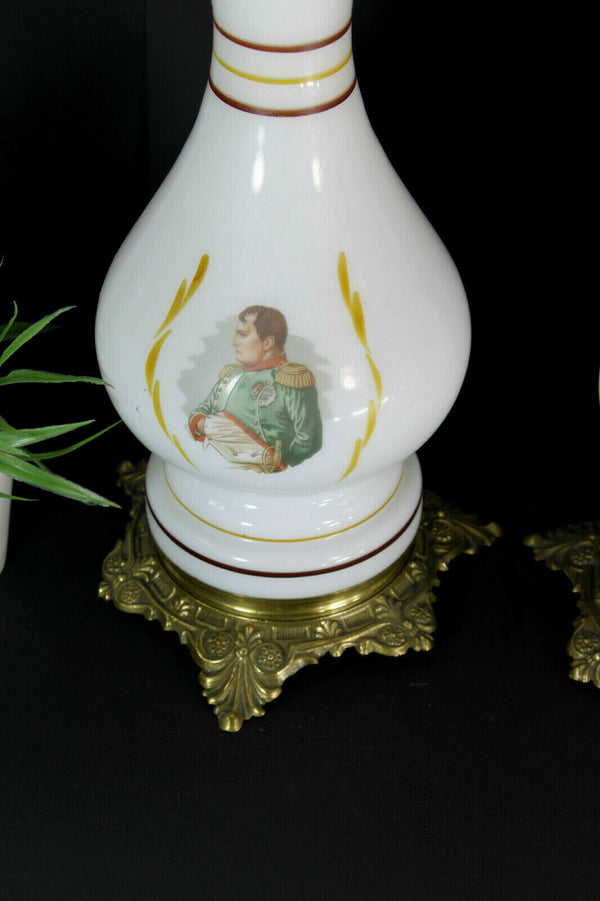 PAIR opaline white napoleon josephine portrait oil petrol lamps
