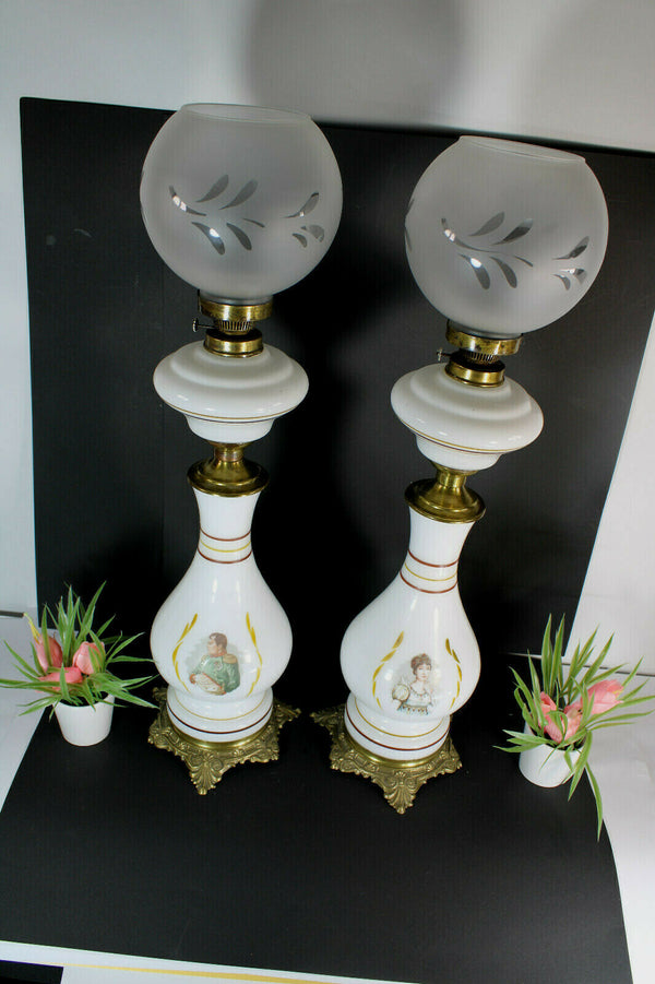 PAIR opaline white napoleon josephine portrait oil petrol lamps